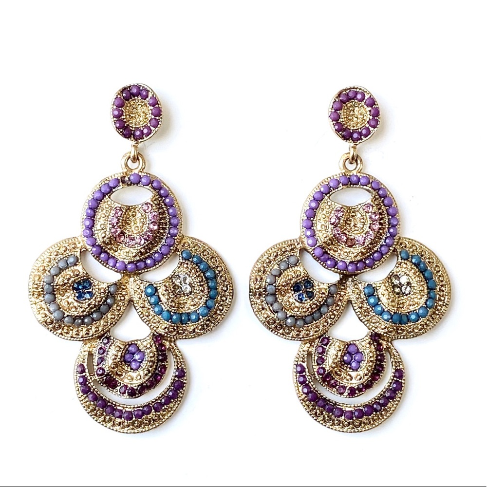 Earrings, Gold Tone, Purples + Blues